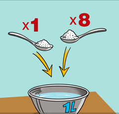 In a litre of clean water put 1 teaspoon salt and 8 teaspoons of sugar.